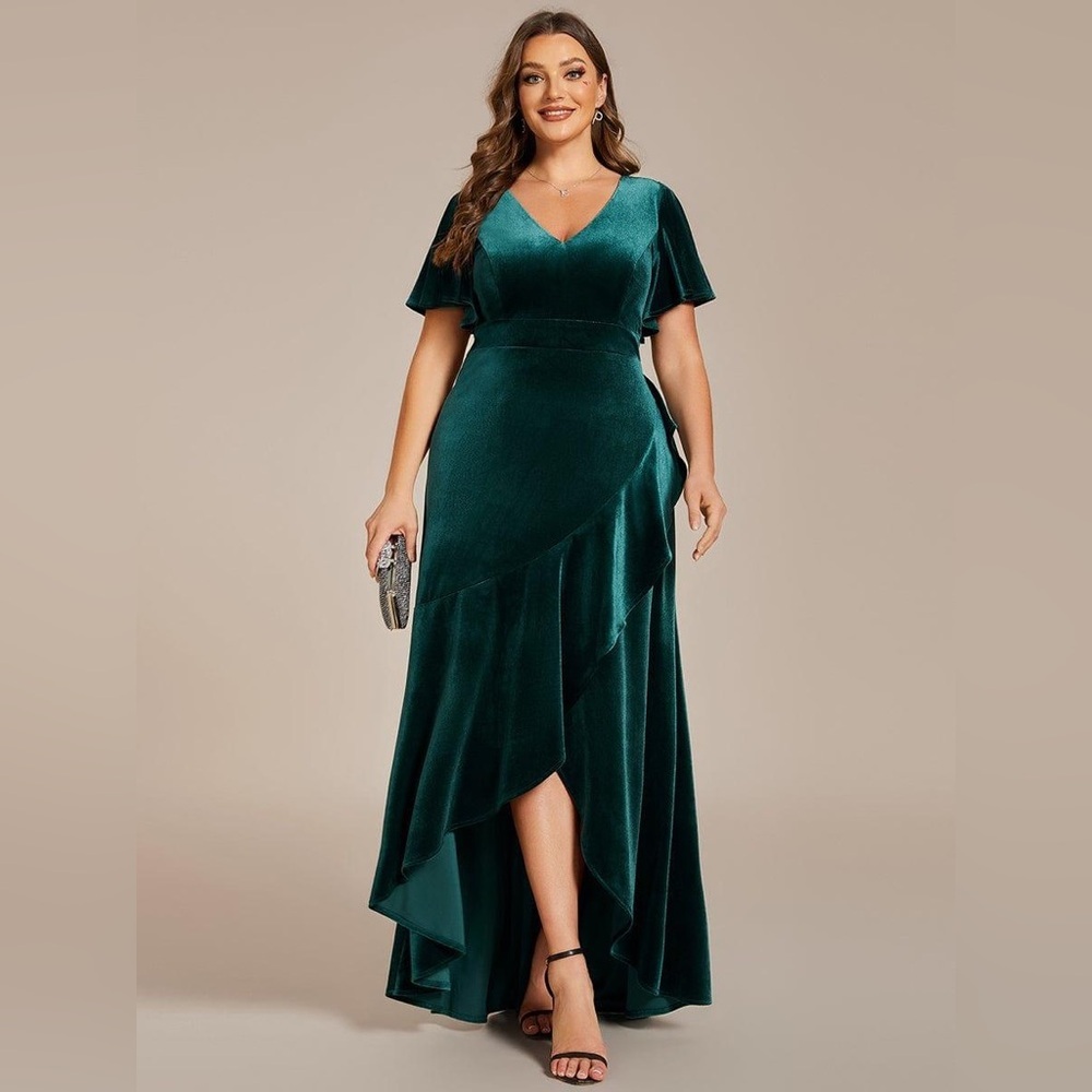 Plus Size Lotus Leaf Hem A-Line V-Neck Ruffles Sleeve Velvet Evening Dress